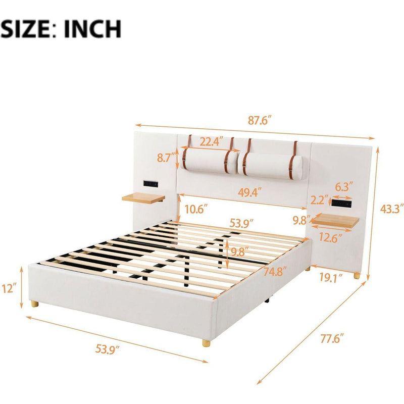 Full Size Upholstered Platform Bed, Two Outlets and USB Charging Ports on Both Sides, Two Bedside Pillows, Storage Shelves,Velvet,Beige
