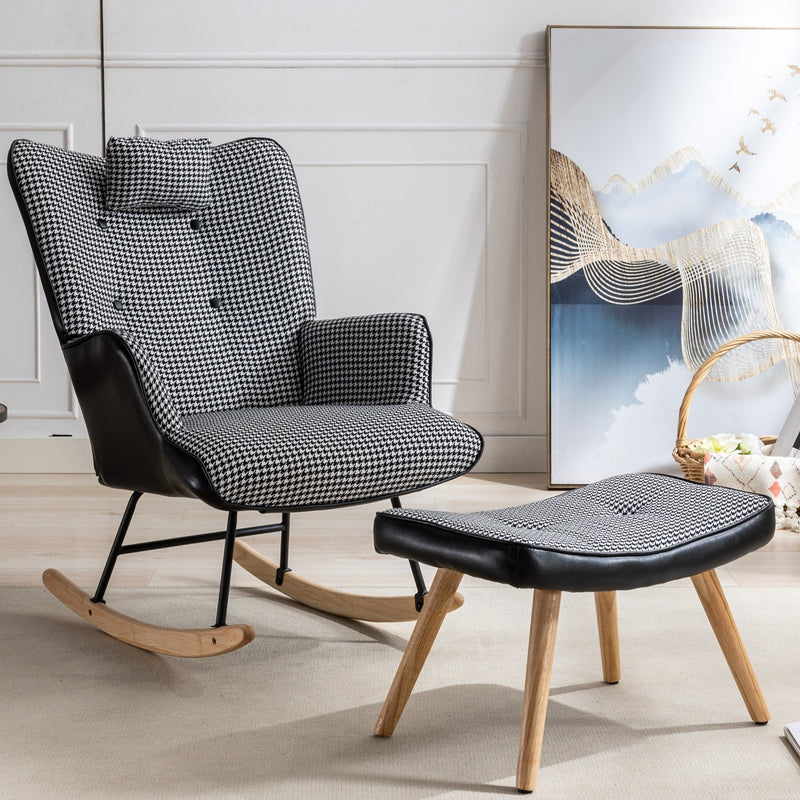 35.5 inch Rocking Chair with Footrest, Soft Houndstooth Fabric Leather Fabric Rocking Chair for Nursery, Comfy Wingback Glider Rocker with Safe Solid Wood Base for Living Room Bedroom Balcony (black)
