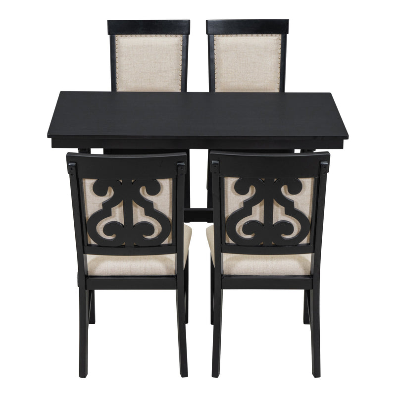 5-Piece Retro Dining Set, Rectangular Wooden Dining Table and 4 Upholstered Chairs for Dining Room and Kitchen (Black)