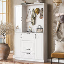 Entryway Bench With Integrated Shoe Cabinet, 3 In 1 Design And Mirrored Cabinet Door, Hall Tree With 4 Sturdy Hooks And Foldable Seat For Entrance, Living Room - White by HouseOfZazla