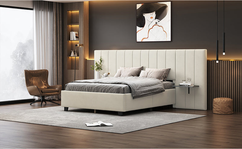 Walker Edison - Full Size Upholstered Platform Bed with Big Headboard, Bedroom Furniture, Velvet, Beige