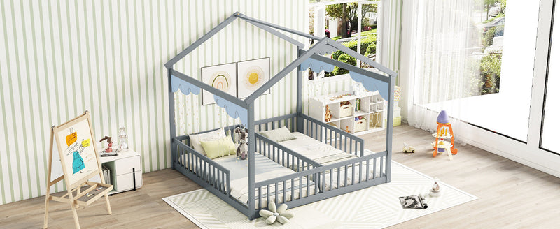 Double Twin House-Style Floor Bed with Fence, Guardrails, without door, Grey(Old Sku:W504P143316)