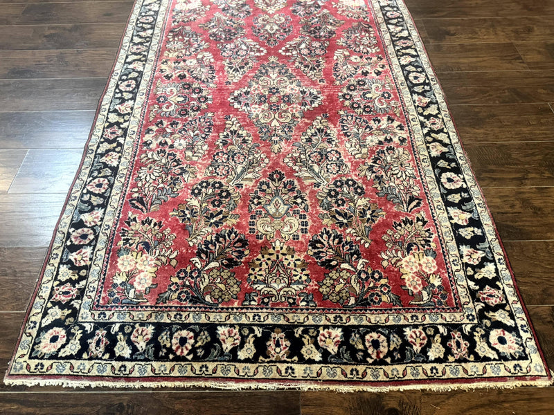 Antique Persian Sarouk Rug 4x7, Floral, Red 1920s Persian Wool Carpet