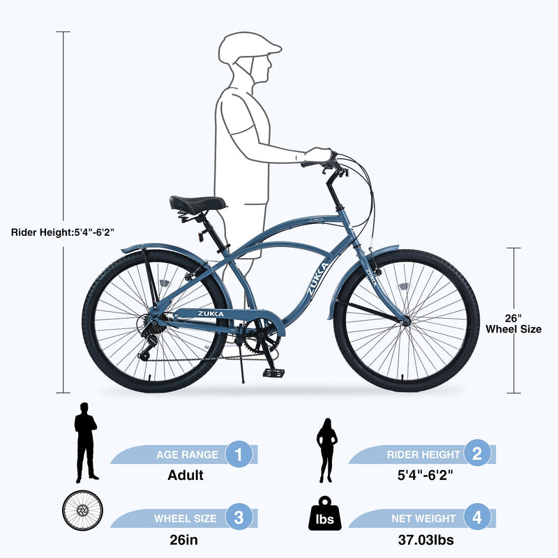 7 Speed Bicycles, Multiple Colors 26"Inch Beach Cruiser Bike