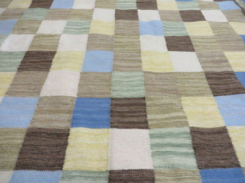 5' X 8' Hand-knotted Kilim Dhurrie Wool Cotton Rug Flat Weave Carpet Checkered Pattern Colorful Multicolor