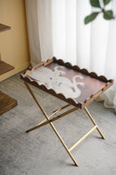 23.5x15.5x24 Brown MDF Tray Table with White Swan Motif and Iron Base by HouseOfZazla