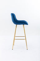 26 Inch Set of 2 Bar Stools, with Steel Frame Footrest Velvet Fabric Golden Leg Simple Bar Stool, BLUE