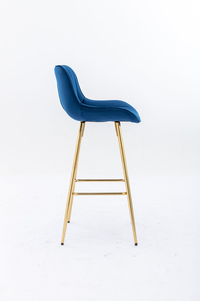 26 Inch Set of 2 Bar Stools, with Steel Frame Footrest Velvet Fabric Golden Leg Simple Bar Stool, BLUE