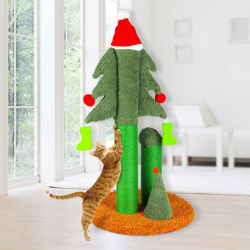 32" Cat Scratching Post, Tall Christmas Tree Cat Scratcher with 3 Posts and Cute Dangling Teaser Balls, Natural Sisal Rope Cat Toys for Kitty and Adult Cats