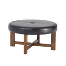 Round Leather Ottoman Coffee Table with Solid Wood Base