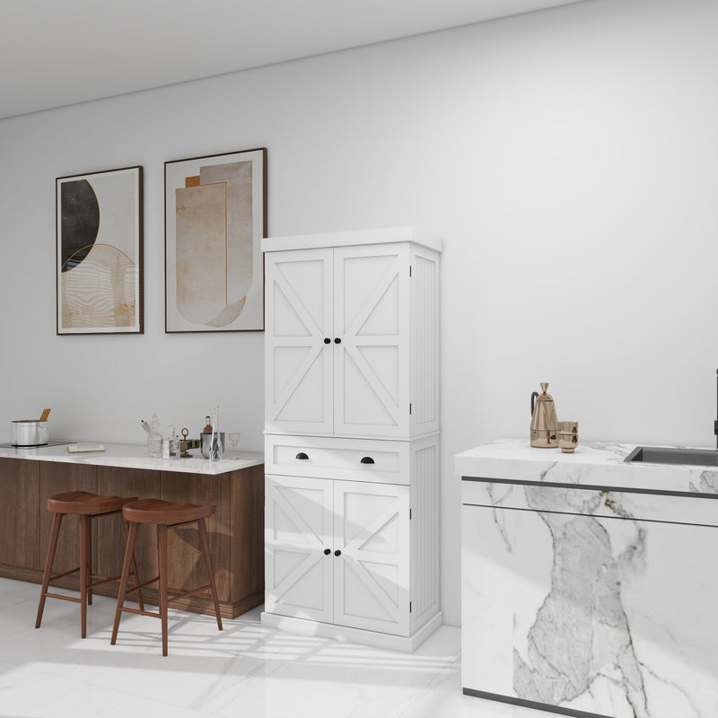 71" Kitchen Pantry Storage Cabinet, with 4 Doors, Drawer, 2 Adjustable Shelves, Freestanding Cupboard for Dining Room Living Room, Laundry-White