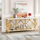 Extra Long Sofa Table With Diamond Pattern Frame, 2 Tier Open Storage For Living Room - White / Gold by HouseOfZazla