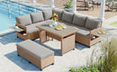 5-Piece Outdoor Patio Rattan Sofa Set, Sectional PE Wicker L-Shaped Garden Furniture Set with 2 Extendable Side Tables, Dining Table and Washable Covers for Backyard, Poolside, Indoor, Brown