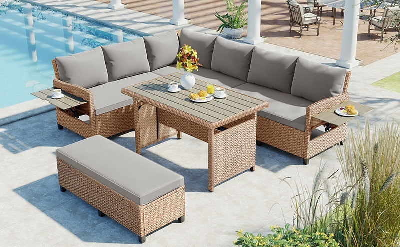 5-Piece Outdoor Patio Rattan Sofa Set, Sectional PE Wicker L-Shaped Garden Furniture Set with 2 Extendable Side Tables, Dining Table and Washable Covers for Backyard, Poolside, Indoor, Brown