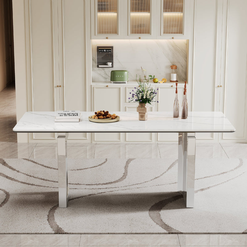 0.47" Thick Sintered Stone Composite Tempered Glass Top Rectangular Dining Table with Stainless Steel Base