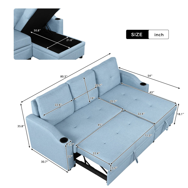 80.3" Pull Out Sofa Bed Modern Padded Upholstered Sofa Bed, Linen Fabric 3 Seater Couch with Storage Chaise and Cup Holder, Small Couch for Small Spaces