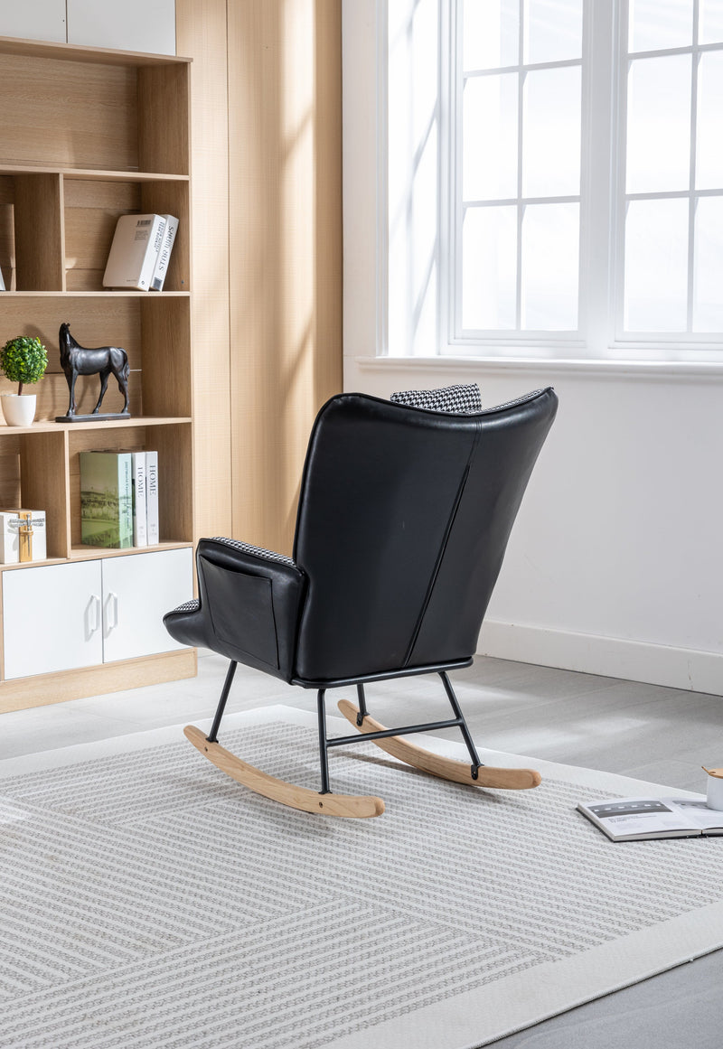 35.5 inch Rocking Chair with Footrest, Soft Houndstooth Fabric Leather Fabric Rocking Chair for Nursery, Comfy Wingback Glider Rocker with Safe Solid Wood Base for Living Room Bedroom Balcony (black)