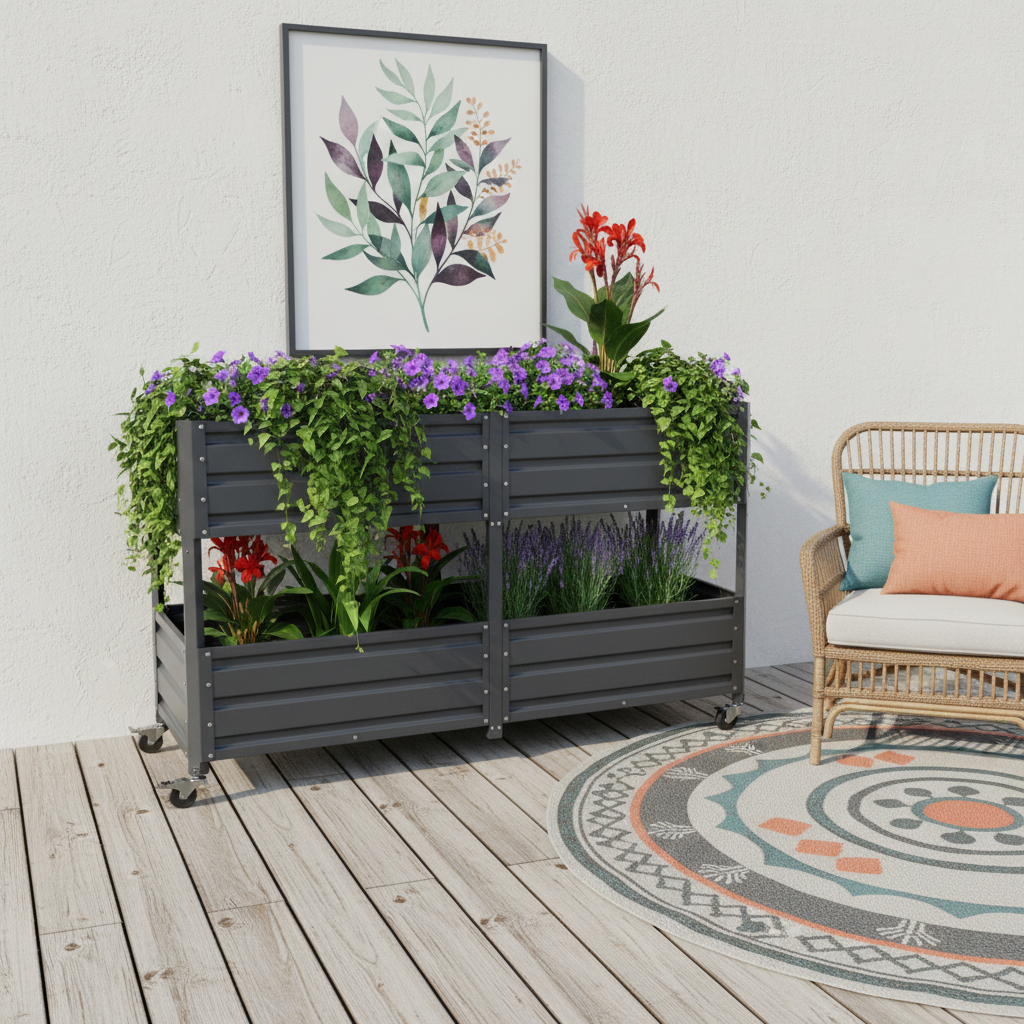 Dual Tier Elevated Metal Raised Garden Bed with Lockable Wheels, photo 6 of 9