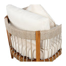 Acacia Wood Outdoor Club Chair with Handwoven Rope Accents & Curved Backrest