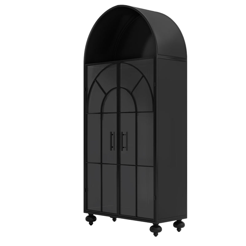 Modern Arched Storage Cabinet with Glass Doors, Open Display Shelves – Farmhouse Style Kitchen Pantry, Dining Room Accent Cabinet, Freestanding Bookcase for Living Room & Office