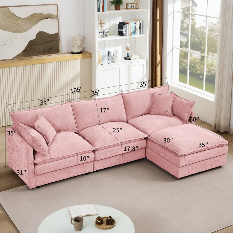 Contemporary Modular Sectional Sofa L Shaped 3-Seater with Movable Ottoman in Pink Chenille, 105 Inch