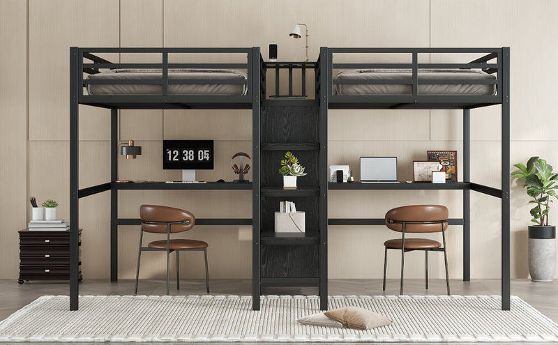Twin Over Twin Metal Loft Bed with Double Desk and Wardrobe and Shelves with Electrical Outlet for Space Saving and Noise Reduction,Black