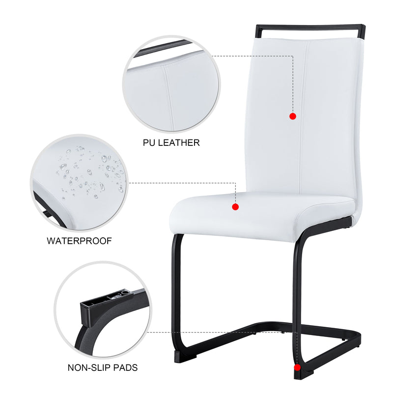 A table and four chairs. The table features a black imitation marble pattern tabletop and black gold MDF legs. The chair has a white PU backrest cushion and black metal legs. F-SQ