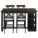 60"Lx30"W Solid Wood Farmhouse Counter Height Dining Table Set with 3-Tier Storage Shelves, Upholstered Dining Chairs for 4, 5-Piece, Gray