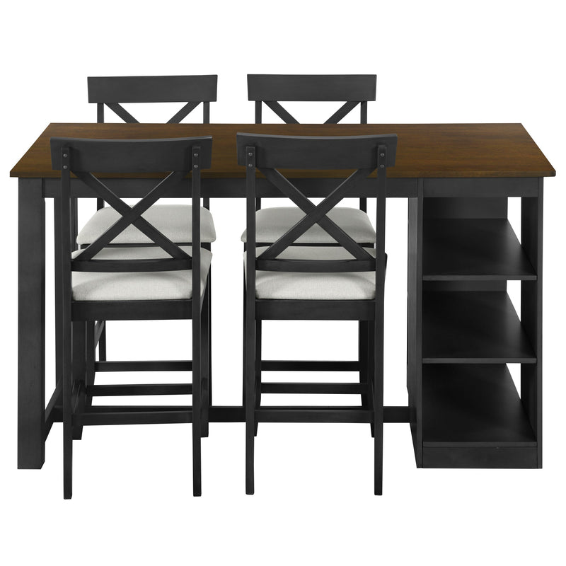 60"Lx30"W Solid Wood Farmhouse Counter Height Dining Table Set with 3-Tier Storage Shelves, Upholstered Dining Chairs for 4, 5-Piece, Gray