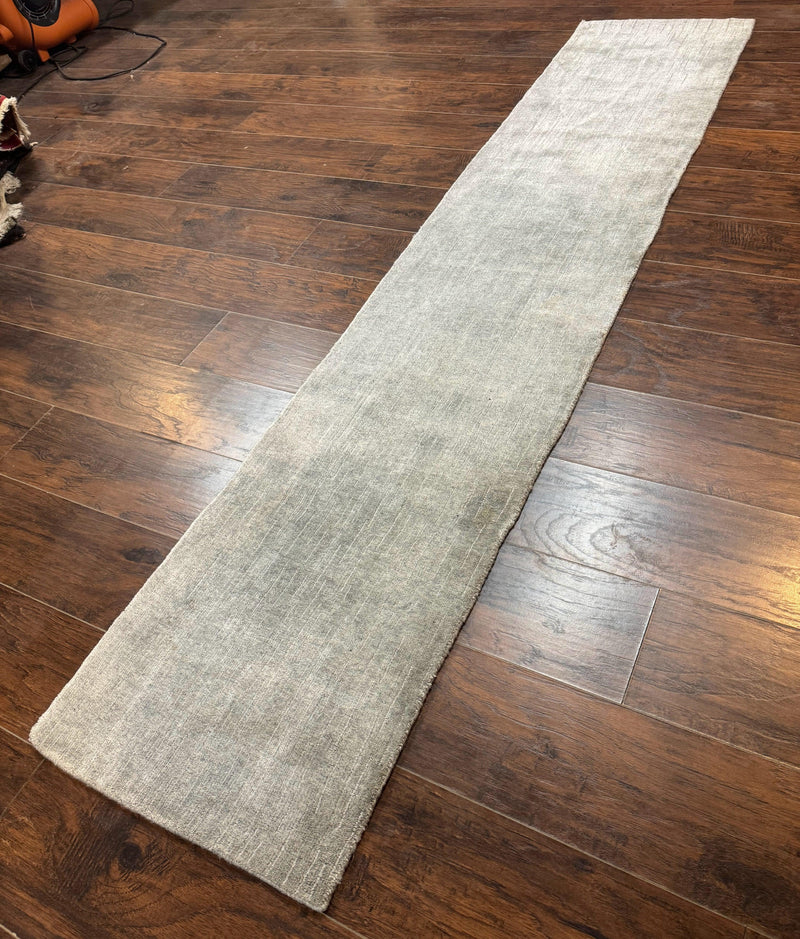 Modern Tibetan Runner Rug 1.9 x 8.6, Wool and Silk Highlights, Gray/Silver, Narrow Runner for Hallway or Kitchen