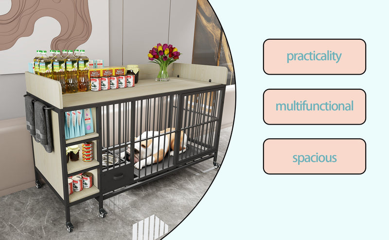 Large pet cage with storage rack, drawers with stainless steel food and water basin, made of iron frame and MDF material, sturdy, exquisite, and practical (black+beige)