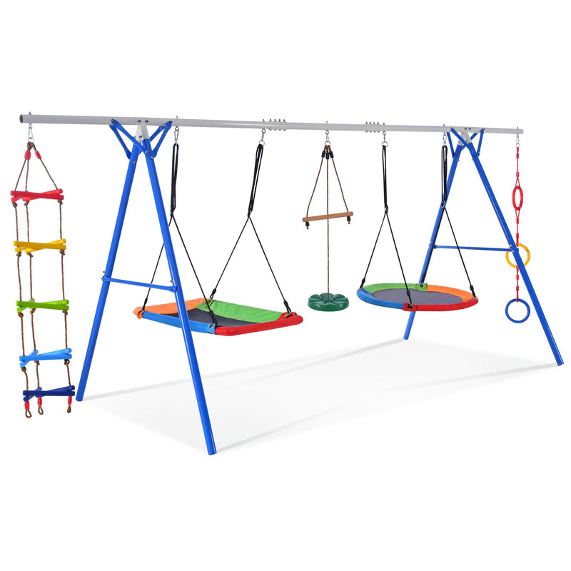 5 in 1 Outdoor Toddler Swing Set for Backyard, Playground Swing Sets with Steel Frame, Multifunction Playsets for Kids with Climbing Ladder, Saucer Swing, Monkey Bar Swing, Disc Swing and Swing Ring