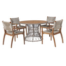 5-Piece Outdoor Dining Set: Brown Round Acacia Wood Table & 4 Brown Wicker Armchairs
