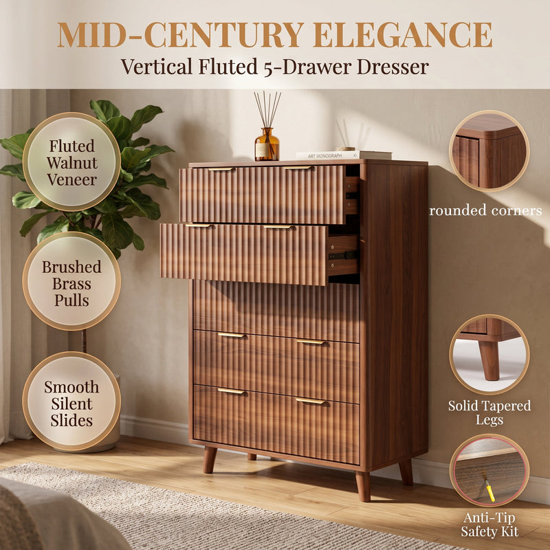 Tall 5-Drawer Dresser, Mid-Century Modern, Walnut, photo 4 of 10