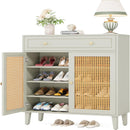 Shoe Cabinet With Rattan Doors And Drawer, 4 Tier Storage Organizer - Mint Green by HouseOfZazla