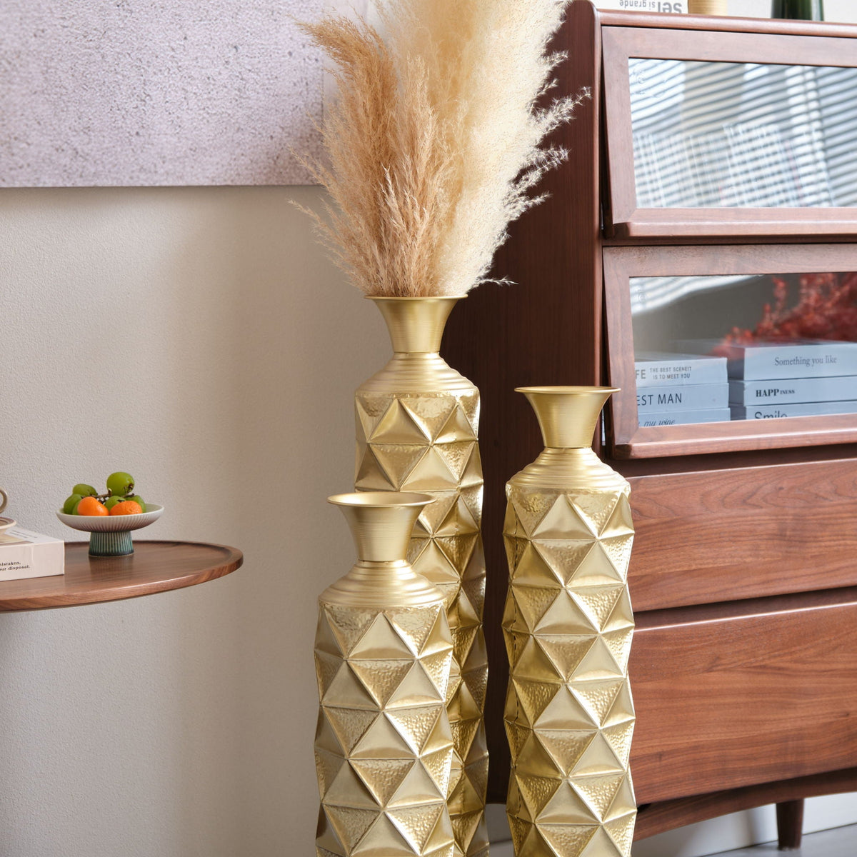 Metal Decorative Vase High Distress Metal Center Vase With 3D Triangle Pattern, (Set of 3) Vases For Home Decoration - Gold, photo 12 of 18