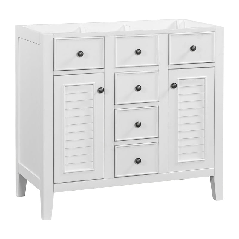 36" Bathroom Vanity without Sink, Cabinet Base Only, Two Cabinets and Five Drawers, Solid Wood Frame, White