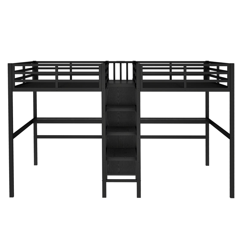 Twin Over Twin Metal Loft Bed with Double Desk and Wardrobe and Shelves with Electrical Outlet for Space Saving and Noise Reduction,Black