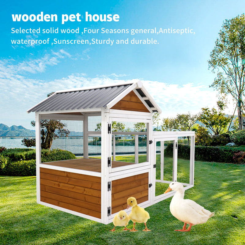 77"Large outdoor chicken coop Wooden chicken coop, duck coop with nest box, bird cage, rabbit cage - waterproof PVC board (yellow brown gradient 80)L