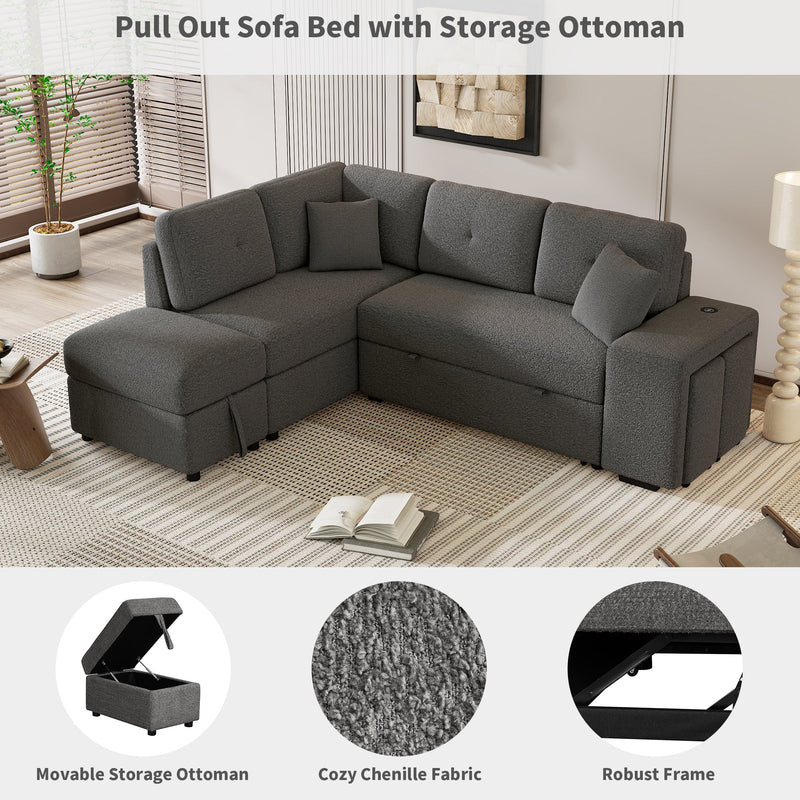 87.7" Convertible Sleeper, Sectional Pull Out Sofa Bed with Storage Ottoman, 2 Throw Pillows, 2 Stools, Wireless Charger and Two Hidden USB Ports for Living Room, Dark Gray