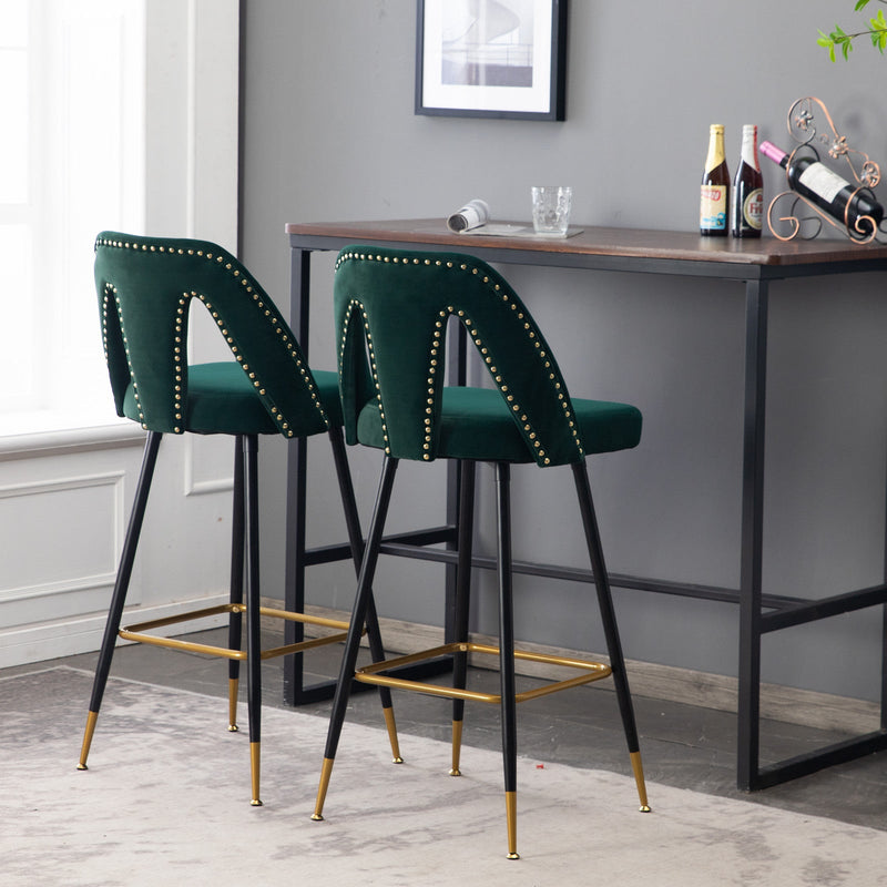Akoya Collection Modern Contemporary Velvet Upholstered Connor 28" Bar Stool & Counter Stools with Nailheads and Gold Tipped Black Metal Legs, Set of 2 (Green)
