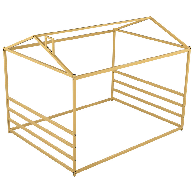 Metal House Shape Platform Bed, Gold, Queen