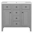 36" Bathroom Vanity with Ceramic Basin, Two Cabinets and Five Drawers, Solid Wood Frame, Grey