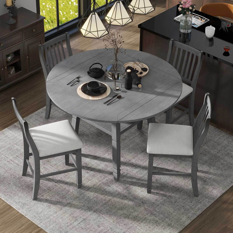 5-Piece Counter Height Dining Table Set in 2 Table Sizes with 4 Folding Leaves and 4 Upholstered Chairs for Dining Room (Gray+Beige Cushion)