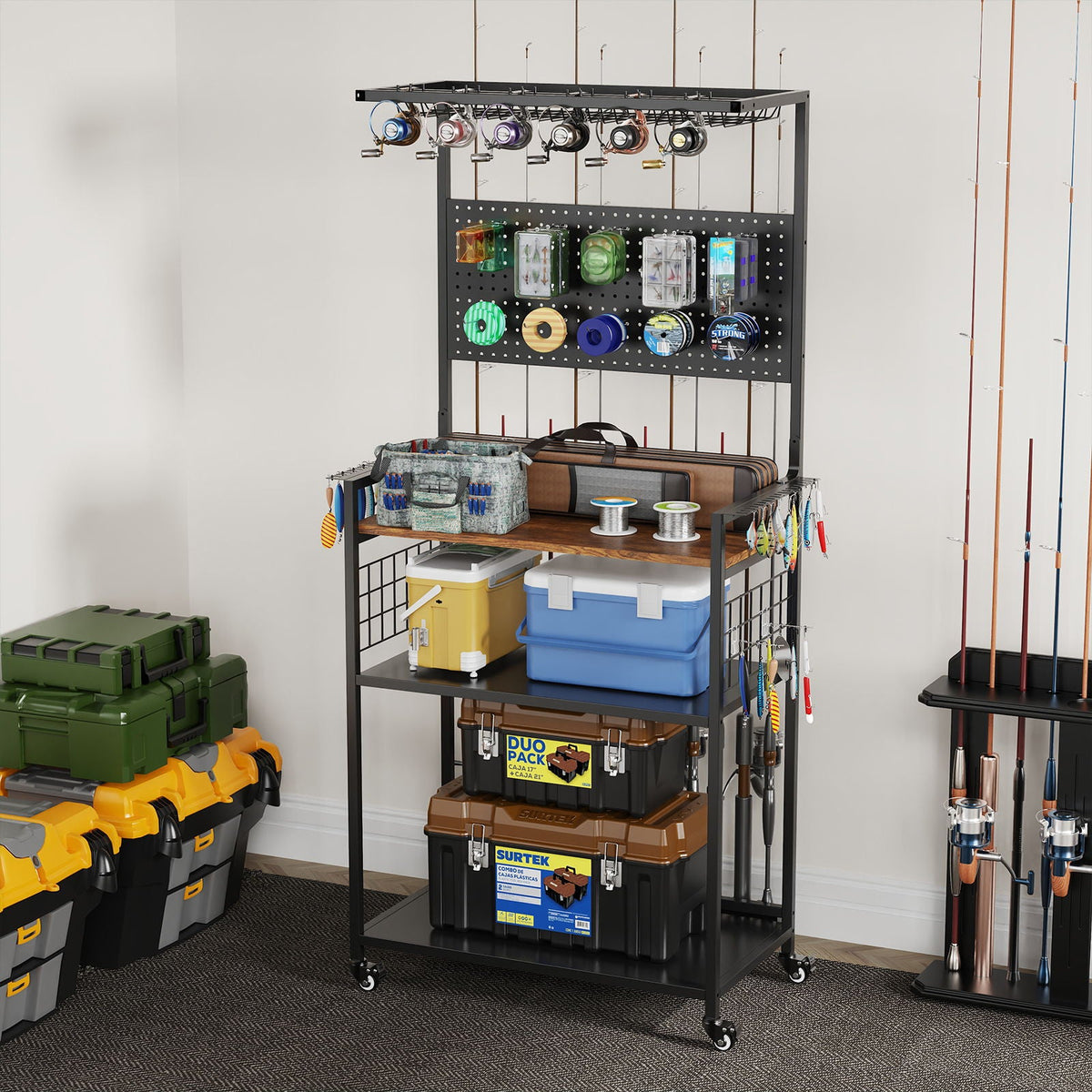 Fishing Rod Storage Rack With Pegboard, Rolling Tackle Organizer Cart - Black, photo 11 of 13
