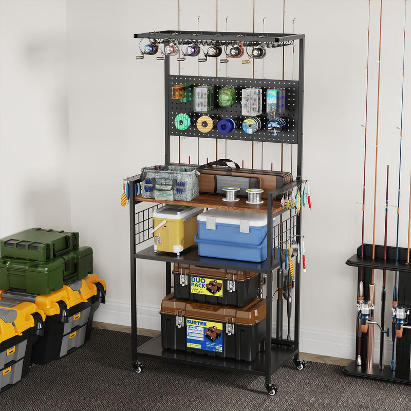 Fishing Rod Storage Rack With Pegboard, Rolling Tackle Organizer Cart - Black, photo 11 of 13
