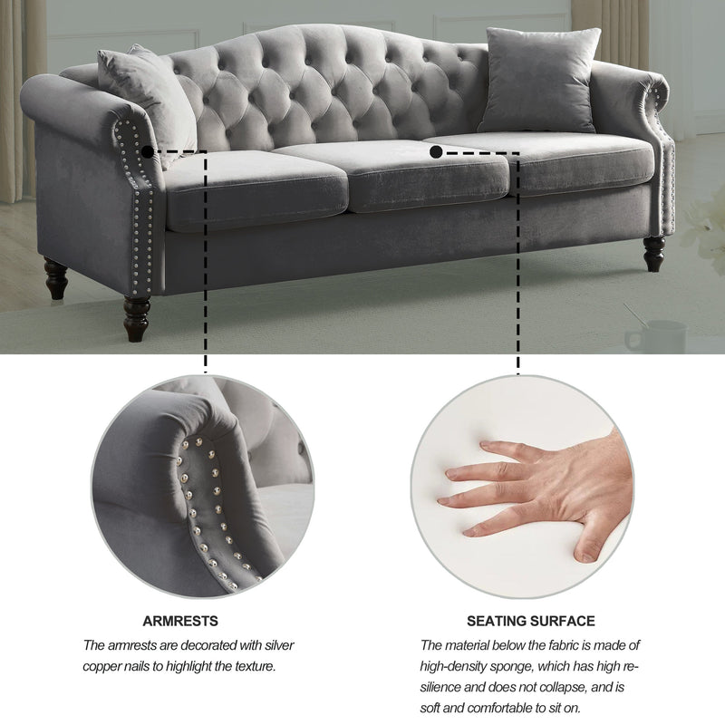 79" Chesterfield Sofa Grey Velvet for Living Room, 3 Seater Sofa Tufted Couch with Rolled Arms and Nailhead for Living Room, Bedroom, Office, Apartment, two pillows