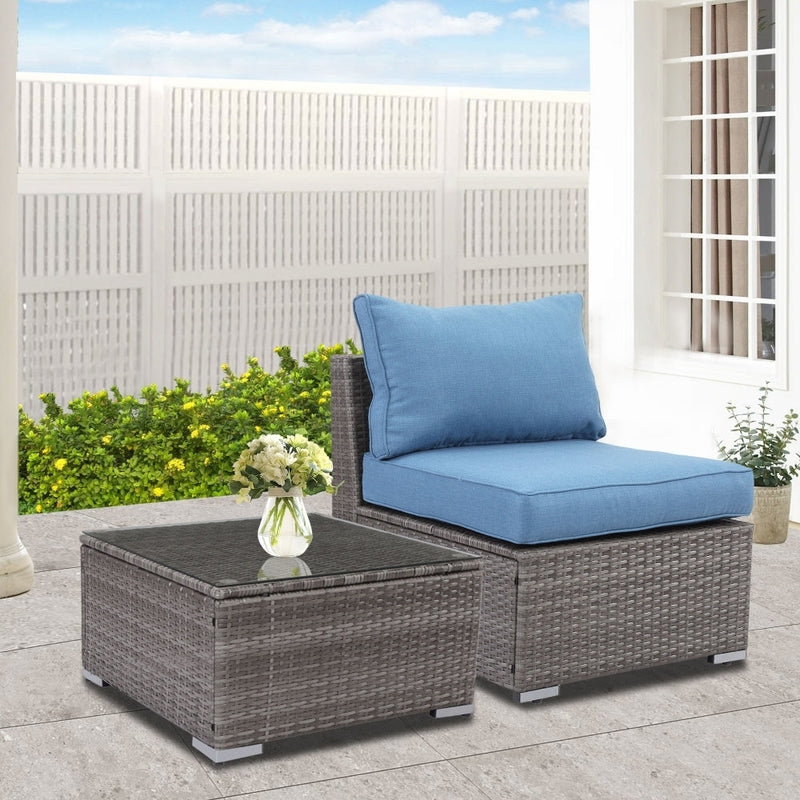 2 Pieces Patio Armless Blue Brown Single Rattan Wicker Sofa Couches Furniture With End Side Table Outdoor