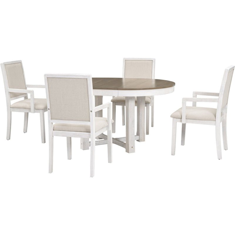 5-Piece Dining Table Set, Two-Size Round To Oval Extendable Butterfly Leaf Wood Dining Table and 4 Upholstered Dining Chairs with Armrests (Brown+White)
