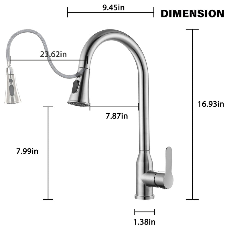 Stainless Steel High Arc Kitchen Faucet With Pull Down Sprayer - Brushed Nickel, photo 6 of 8